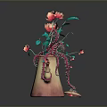 Artistic Sculpture Vase with Red Flowers Blue Leaves and Intricate Carving Details