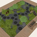 Japanese Garden Design With Moss Stone Pathway And Wooden Deck Seating