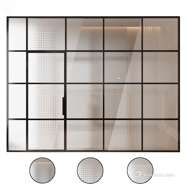 Modern Glass Partition With Black Frame And Textured Glass Panels For Interior 3d model 