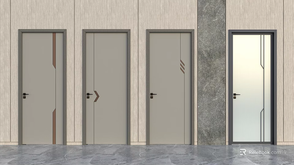 Light Gray Flush Doors with Simple Line Patterns and Black Frames in Modern Interior 3d model
