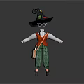 Witch Costume With Black Hat Round Glasses Red Vest Green Plaid Pants And Small Bag