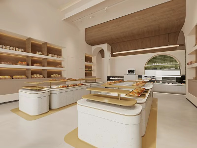 Modern Dessert Shop Interior With Open Display Counters Wooden Ceiling And Fresh Breads 3d model