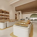 Modern Dessert Shop Interior With Open Display Counters Wooden Ceiling And Fresh Breads