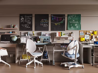 Interior Desk Setup With Two Chairs Chalkboards Bookshelves Table Lamp Globe And Stationery 3d model