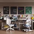 Interior Desk Setup With Two Chairs Chalkboards Bookshelves Table Lamp Globe And Stationery