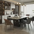 Elegant Modern Restaurant Interior With Marble Dining Table Chandelier Wine Cabinet And Green Plant