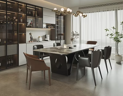 Elegant Modern Restaurant Interior With Marble Dining Table Chandelier Wine Cabinet And Green Plant 3d model