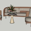 Modern Light Fabric Sofa and Coffee Table Set With Armchairs Round Table Floral Arrangement 3d model