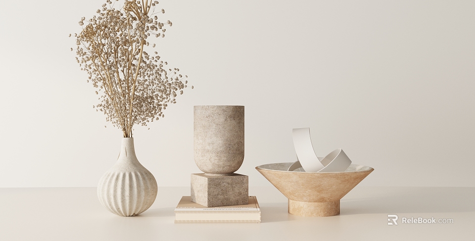Decorative Ornament Set Including White Vase Dried Flowers Gray Cylinder Beige Bowl And White Ribbons 3d model 