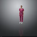A Woman Standing In Pink Scrub Suit With White Sneakers On Gray Background