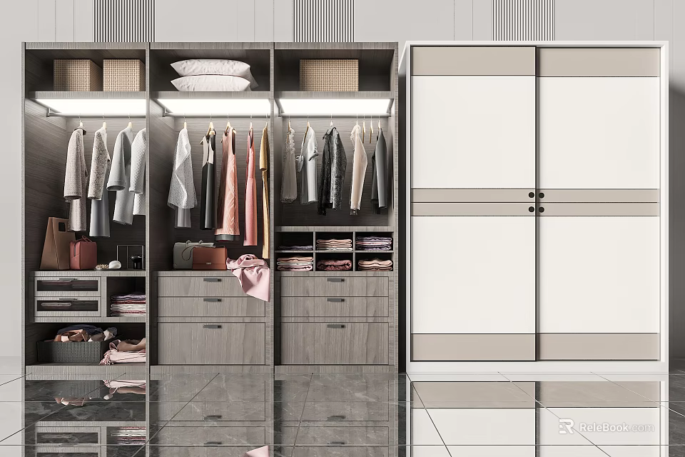 Modern Wardrobe Interior With Sliding Doors Storage Drawers And Hanging Rails 3d model 