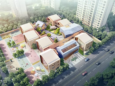 School Buildings Campus With Multiple Structures Green Spaces and Playground Area 3d model