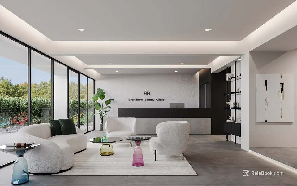 Modern Reception Area In Diamond Realty Office With Lounge Sofa Chairs Green Plant And Windows 3d model 