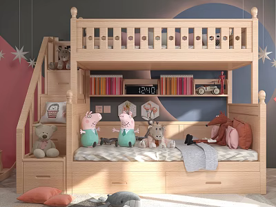 Cozy Wooden Bunk Bed in Kids Room with Staircase Drawers Stuffed Toys Star Decorations 3d model