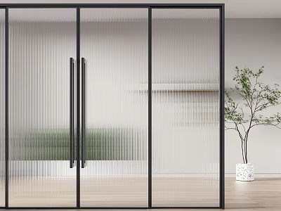 Modern Sliding Door With Black Frame Ribbed Glass In Interior With Wooden Floor And Plant 3d model