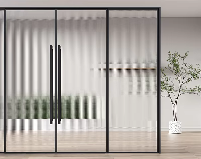 Modern Sliding Door With Black Frame Ribbed Glass In Interior With Wooden Floor And Plant 3d model