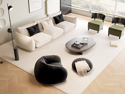 Modern Beige Sofa and Wooden Coffee Table Set with Black Cushions Green Chairs White Rug 3d model