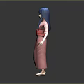 Anime Style Female Character 3D Model Featuring Blue Hair Pink Kimono Red Belt Design