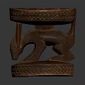 Hand Carved Wooden Stool With Round Top And Animal Shaped Base Intricate Patterns