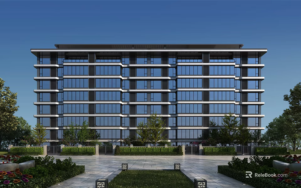 Modern High Rise Residential Building With Glass Windows And Lush Greenery Surroundings 3d model 