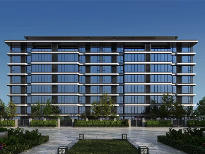 Modern High Rise Residential Building With Glass Windows And Lush Greenery Surroundings 3d model