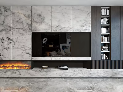 Elegant Modern TV Wall Interior with Marble Fireplace Dark Bookshelf and Books 3d model