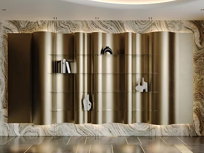 Modern Luxury Golden Shelving Unit With Marble Wall Background And Decorative Books Sculptures 3d model