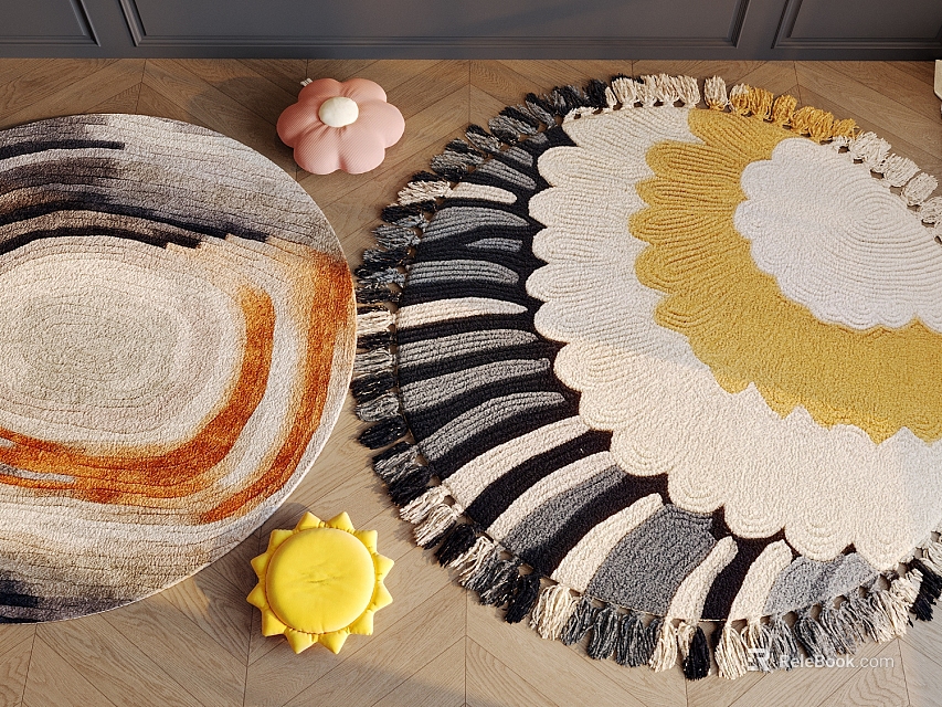 Colorful Round Area Rugs With Decorative Accents On Floor 3d model 