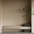 Minimalist Interior Corner With Beige Wall Stone Bench And Green Plant In Square Pot