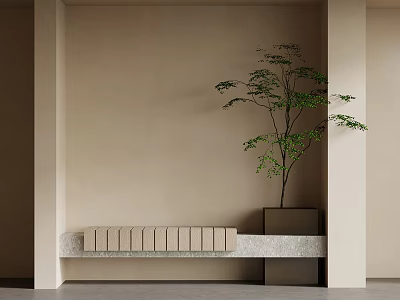 Minimalist Interior Corner With Beige Wall Stone Bench And Green Plant In Square Pot 3d model