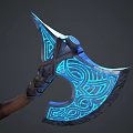 Decorative Axe Ornament With Intricate Blue Glowing Patterns And Wooden Handle