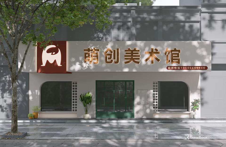 Modern Art Gallery Storefront With Red Sign Elephant Logo Green Door And Plants 3d model 
