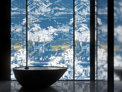 Traditional Decorative Screen with Blue Background White Yellow Landscape Patterns in Modern Bathroom Interior 3d model