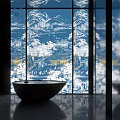 Traditional Decorative Screen with Blue Background White Yellow Landscape Patterns in Modern Bathroom Interior
