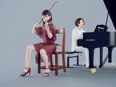 Graceful Violin and Piano Performance by Skilled Musicians in Stylish Outfits 3d model