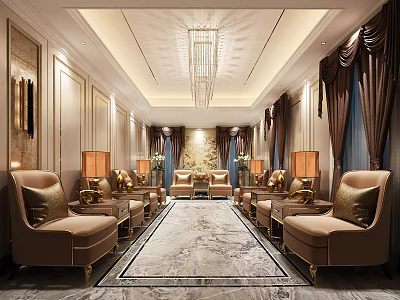 Luxurious Reception Room Interior With Crystal Chandelier Beige Sofas Gold Accents And Patterned Carpet 3d model