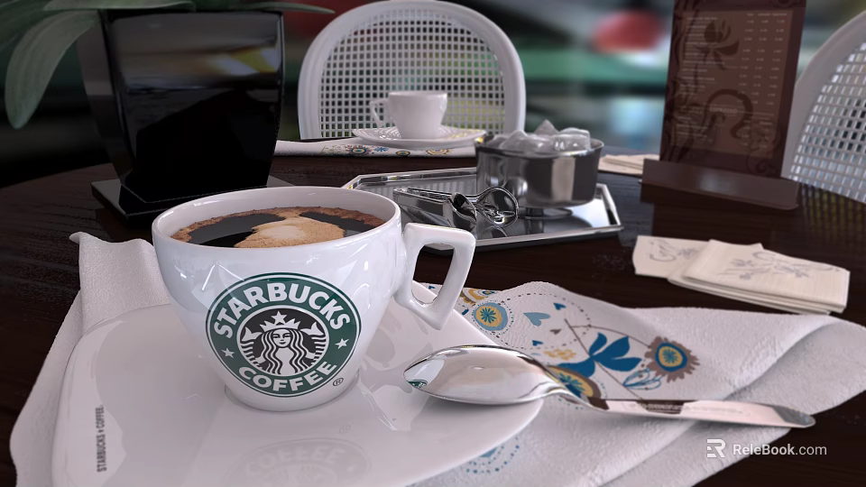 Starbucks Cup Filled With Coffee Foam Art On White Plate With Spoon And Floral Napkin 3d model 