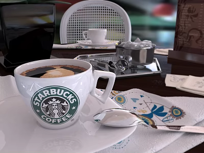Starbucks Cup Filled With Coffee Foam Art On White Plate With Spoon And Floral Napkin 3d model