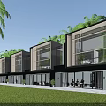 Modern Townhouse Exterior With Large Glass Windows Lush Greenery Palm Trees And Manicured Lawn