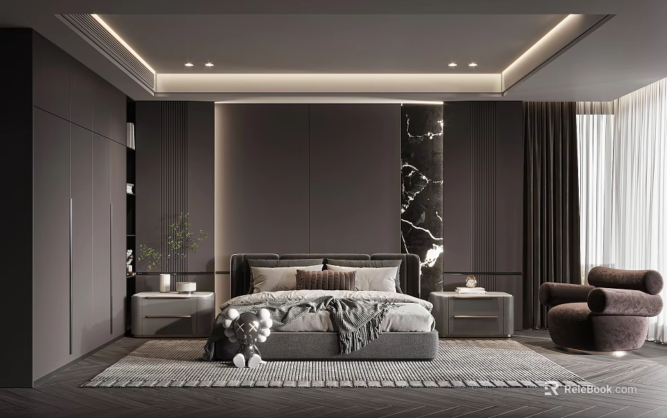 Modern Bedroom Interior With Gray Bed And Marble Accent Wall Design 3d model 