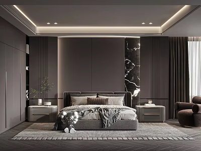 Modern Bedroom Interior With Gray Bed And Marble Accent Wall Design 3d model