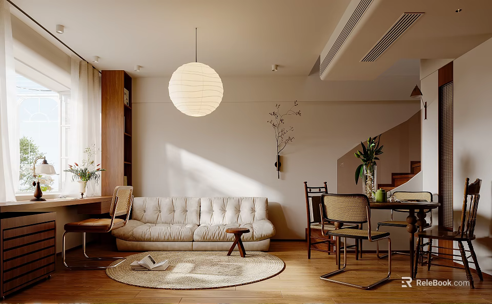 Modern Living and Dining Area Interior With Open Concept Sofa Dining Table And Pendant Light 3d model 