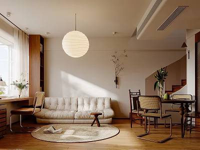 Modern Living and Dining Area Interior With Open Concept Sofa Dining Table And Pendant Light 3d model