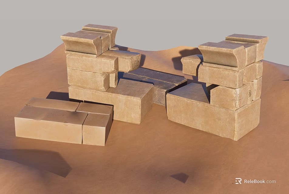 Brown Building Blocks Stacked On Sandy Surface With Various Shapes 3d model 