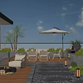 Relaxing Scenic Rooftop Garden With Outdoor Furniture Fire Pit Umbrella Lush Plants And Stone Pathway