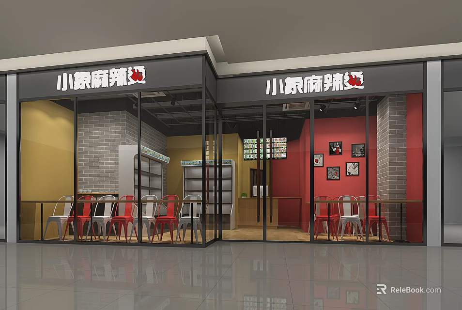 Spicy Restaurant With Glass Facade Red Yellow Walls Tables And Chairs 3d model 