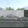 Natural Stone Landscape Wall With Linear Design Rock Formations And Cloudy Sky