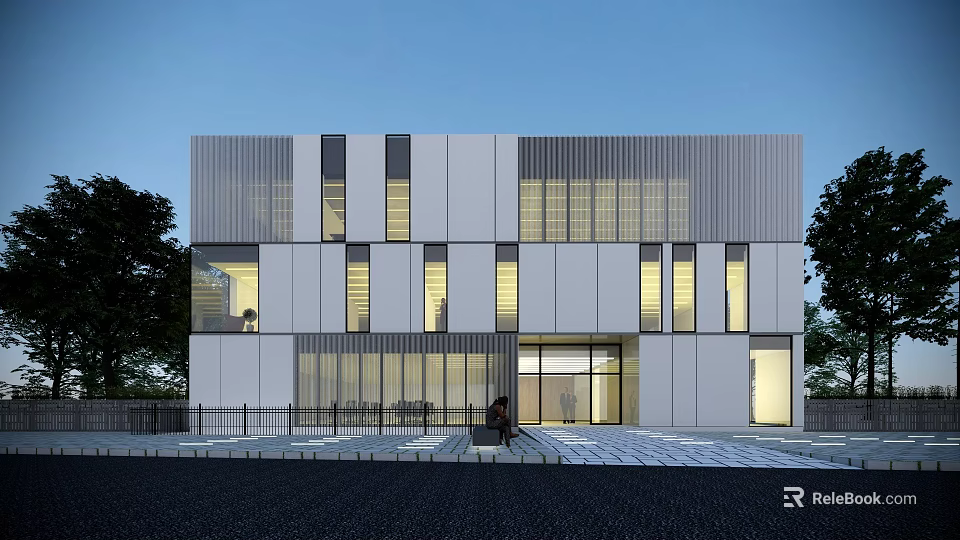 Modern Office Building Exterior Design With Glass Facade Lighting And Metal Panel Cladding 3d model