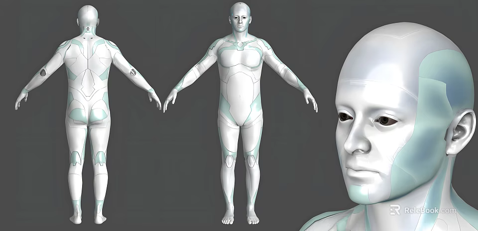 Game and Movie Character White Humanoid Model with Blue Tech Lines Multiple Angles View 3d model 