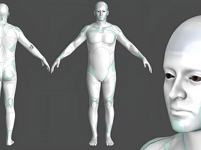 Game and Movie Character White Humanoid Model with Blue Tech Lines Multiple Angles View 3d model